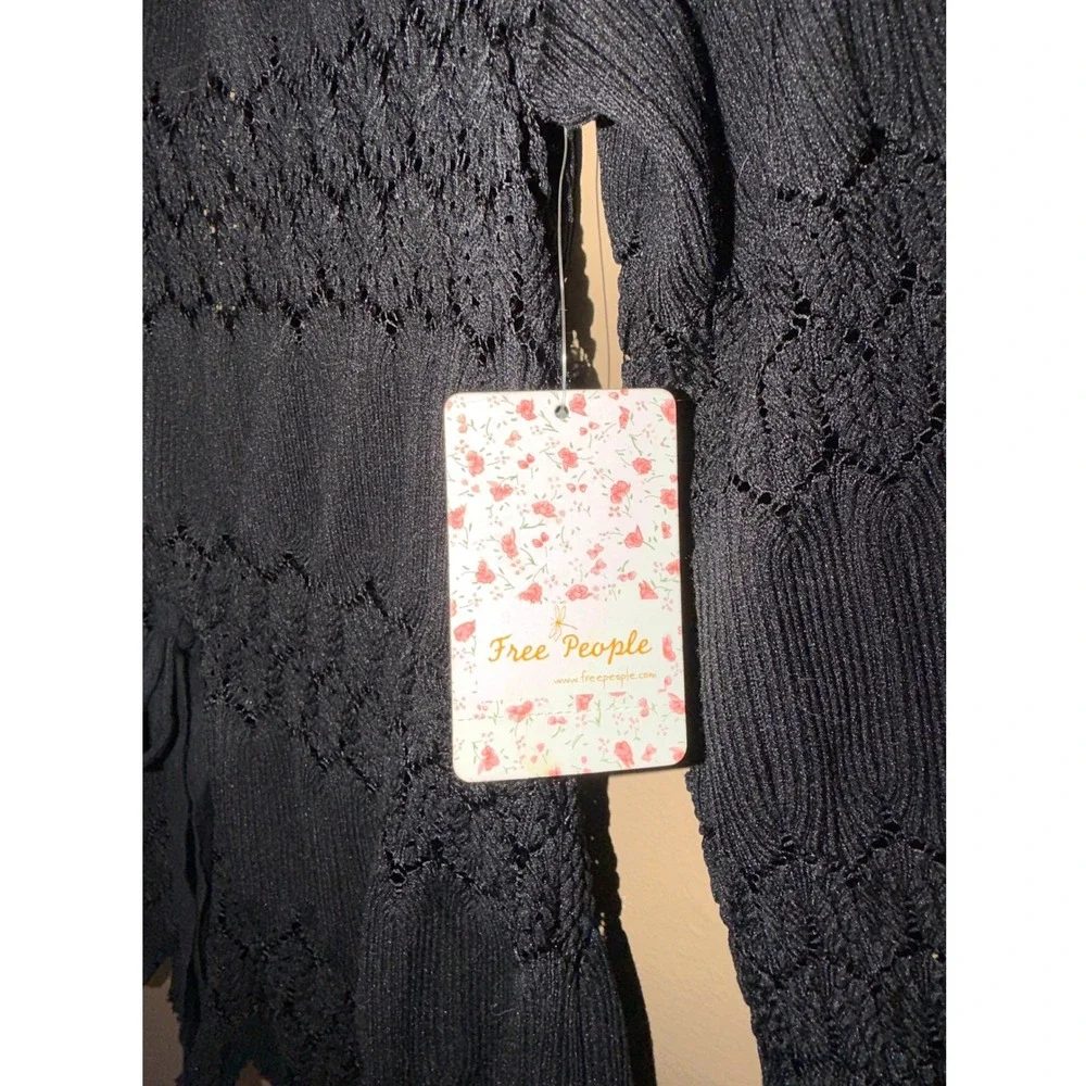 Free‎ People Black Pointelle Knit Peplum Top XS Tie Waist Boho Cottagcore Fairy